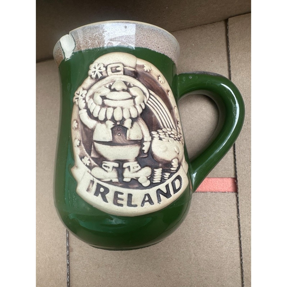 Ireland Pottery Mug Coffee Cup Green Souvenir Beer Stein Tankard Leprechaun Chip